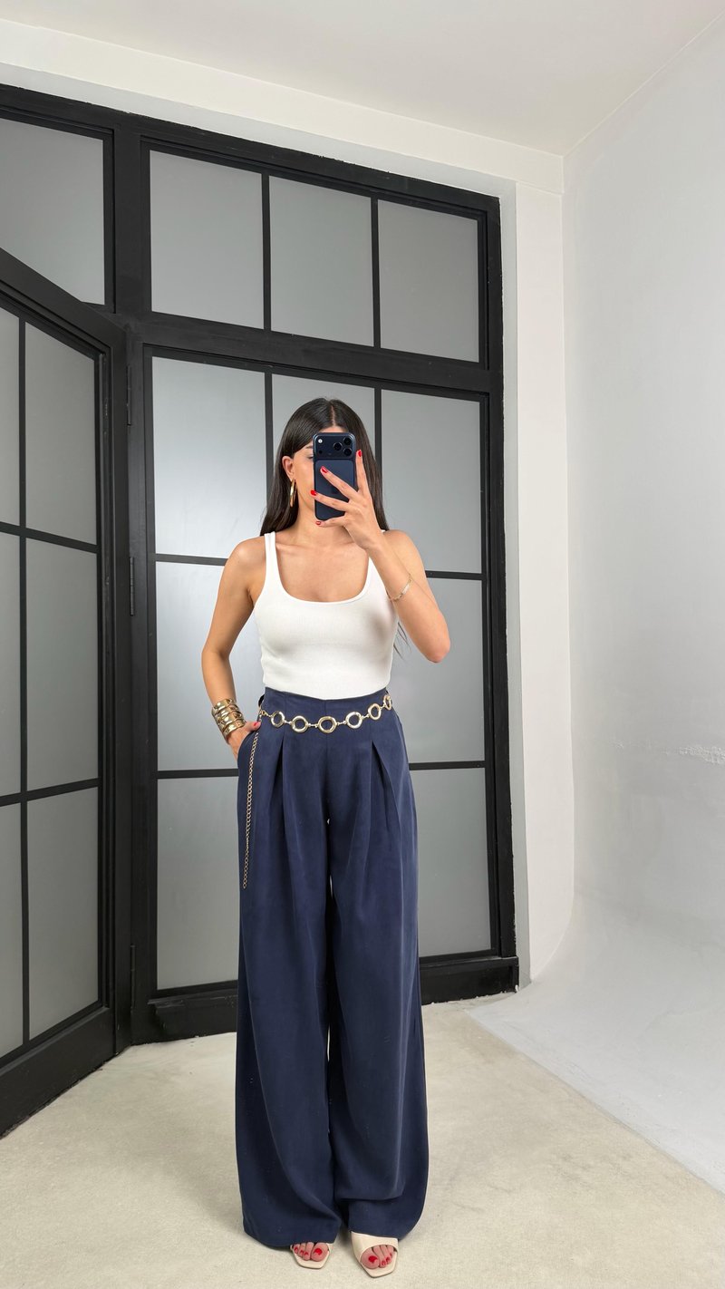 Lacivert Gold Zincirli Kemer Muadil Tencel Pantolon GAUS-01556