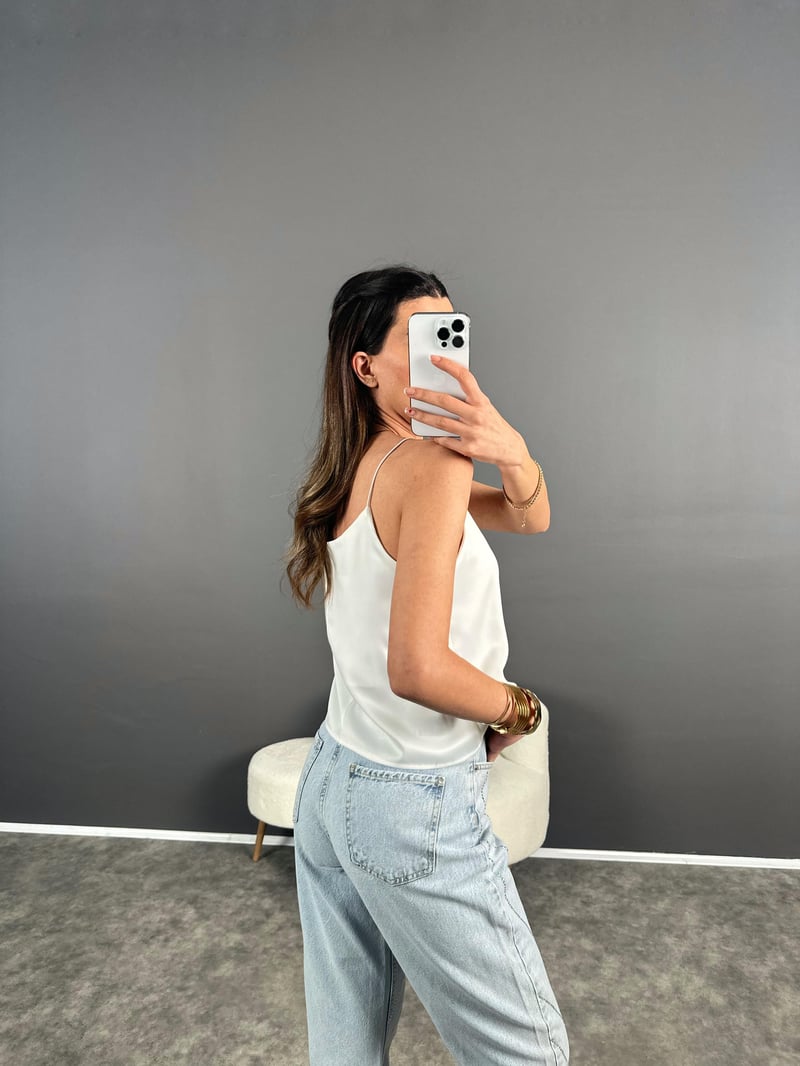 Beyaz Saten İp Askılı Basic Bluz