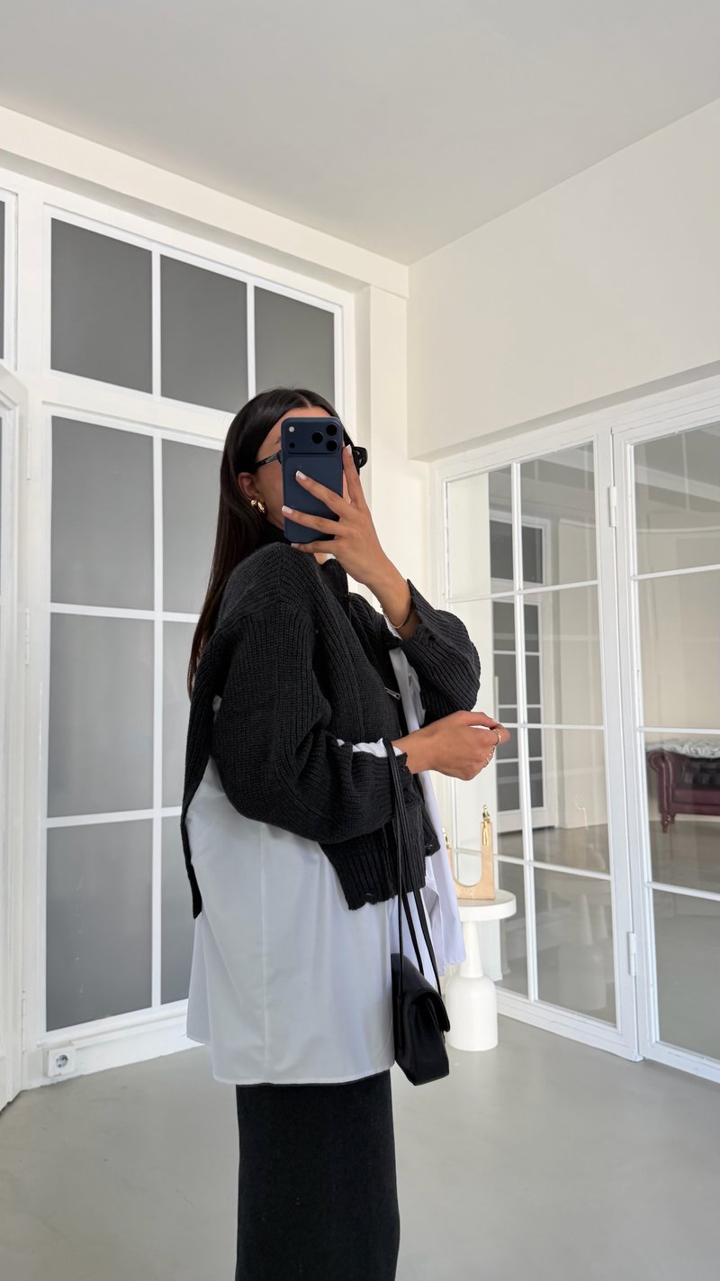 Antrasit Gömlek Detaylı Örme Hırka Beli Lastikli Cepli Pantolon İkili Triko Takım GAUS-02132