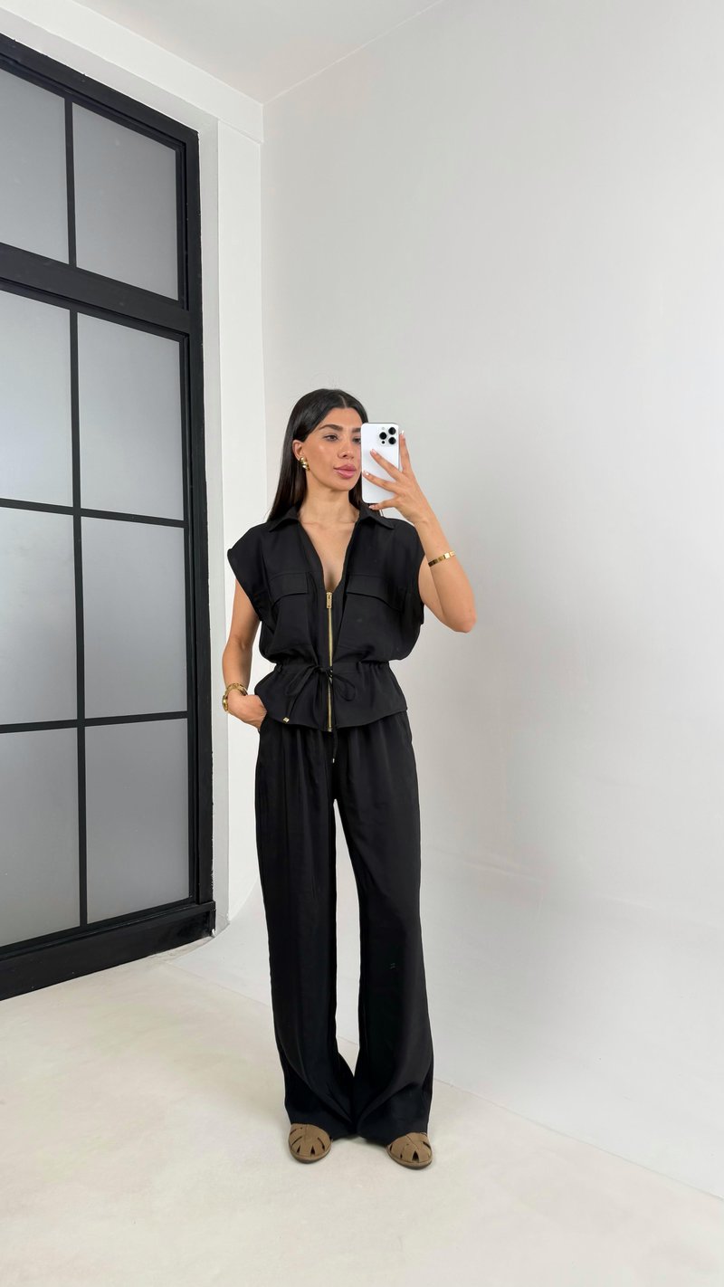 Siyah Cepli Bağlamalı Yelek Beli Lastikli Pantolon İkili Tencel Takım Gaus00546