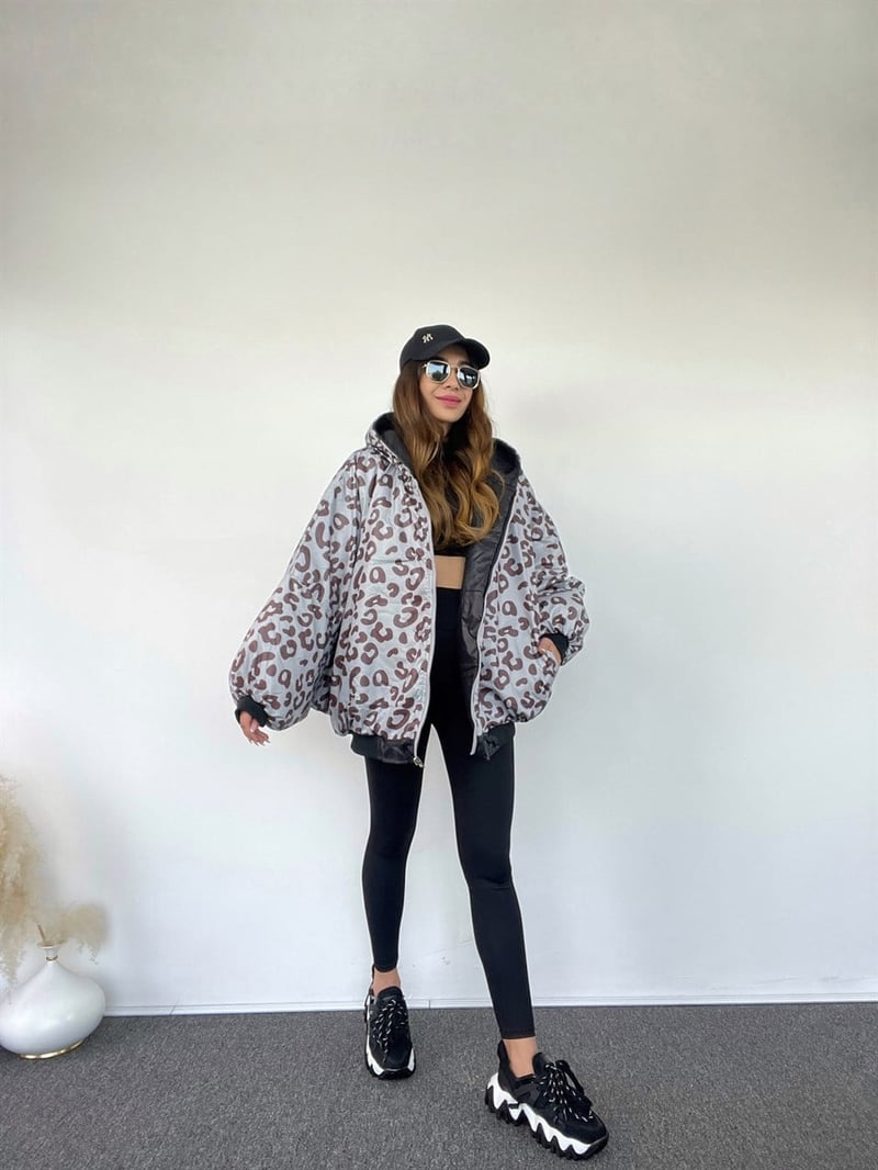 Çift Taraflı Yarasa Kol Oversize Leoparlı Mont