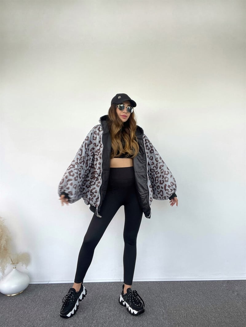 Çift Taraflı Yarasa Kol Oversize Leoparlı Mont