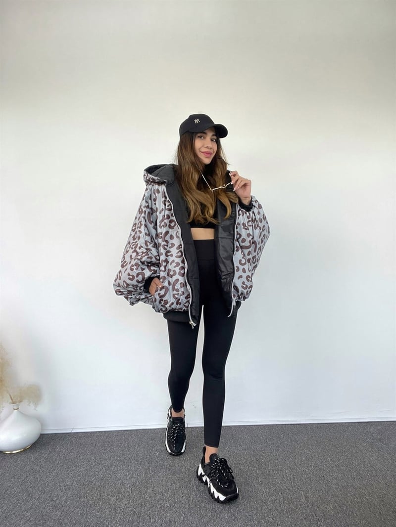 Çift Taraflı Yarasa Kol Oversize Leoparlı Mont