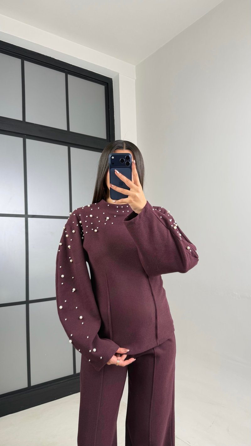 Mürdüm İnci İşleme Detaylı Kazak Pantolon Selanik Triko Takım GAUS-01069