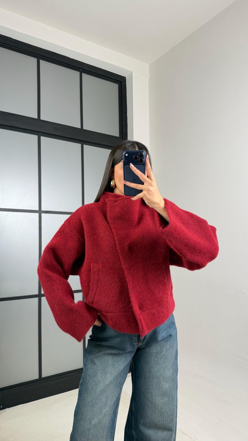 Bordo Yumuşak Dokulu Çıtçıt Düğmeli Triko Hırka GAUS-01081