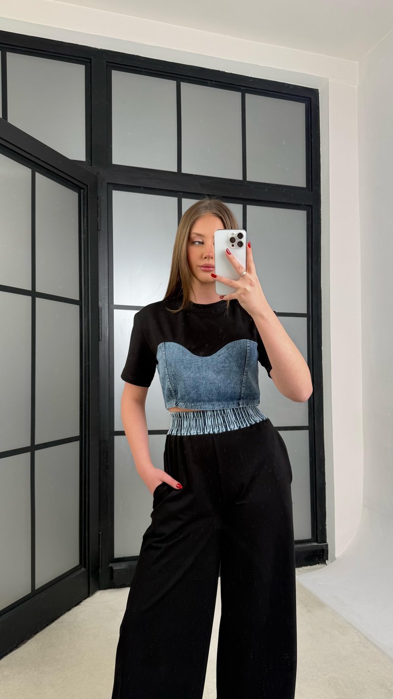 Siyah Denim Detaylı Crop Beli Lastikli Pantolon Premium Takım GAUS-01273