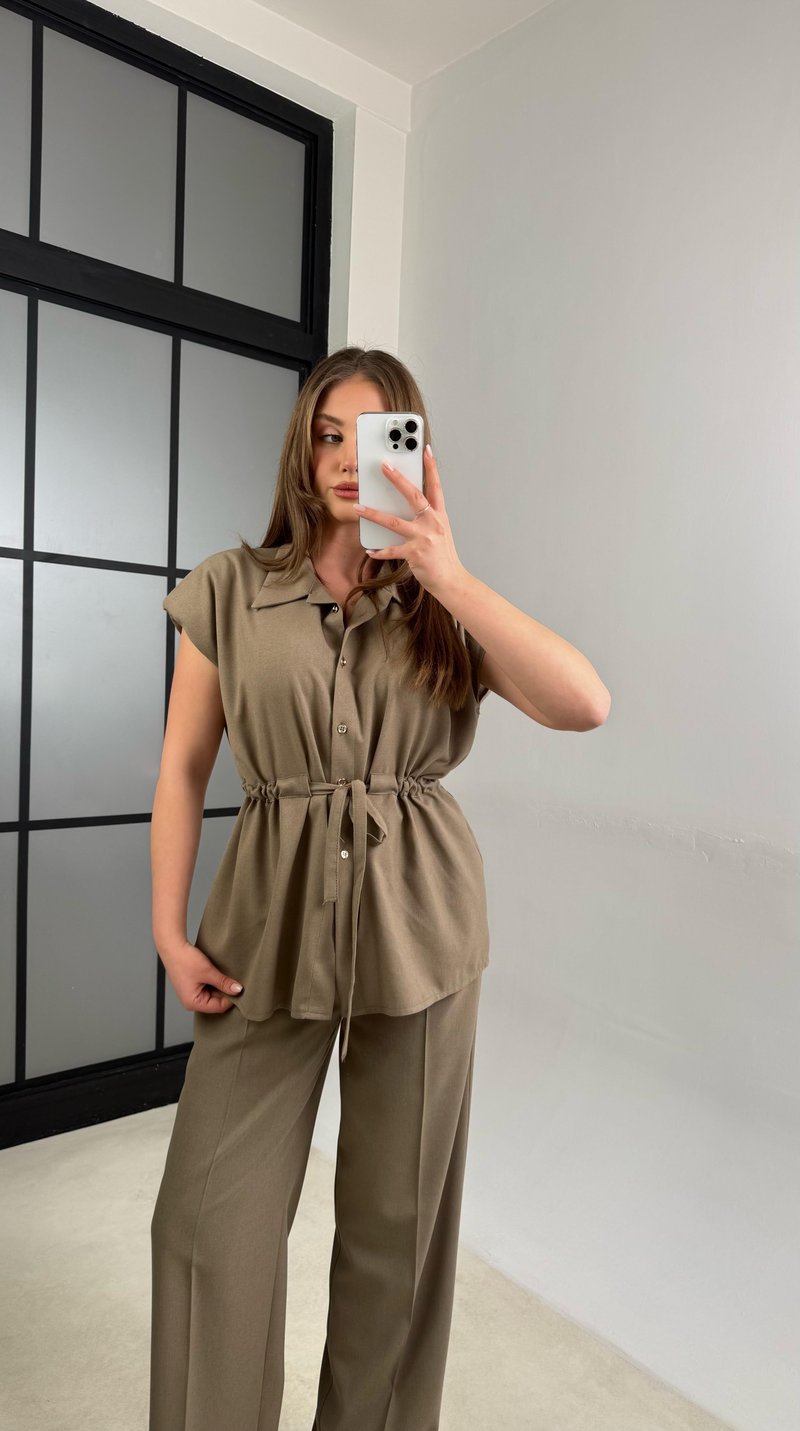 Haki Vatkalı Beli Lastikli Kuşaklı Yelek Pantolon İkili Takım GAUS-00986