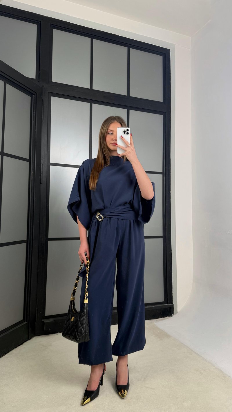 Lacivert Gold Toka Detaylı Bluz Şalvar Pantolon İkli Tasarım Takım GAUS-01271