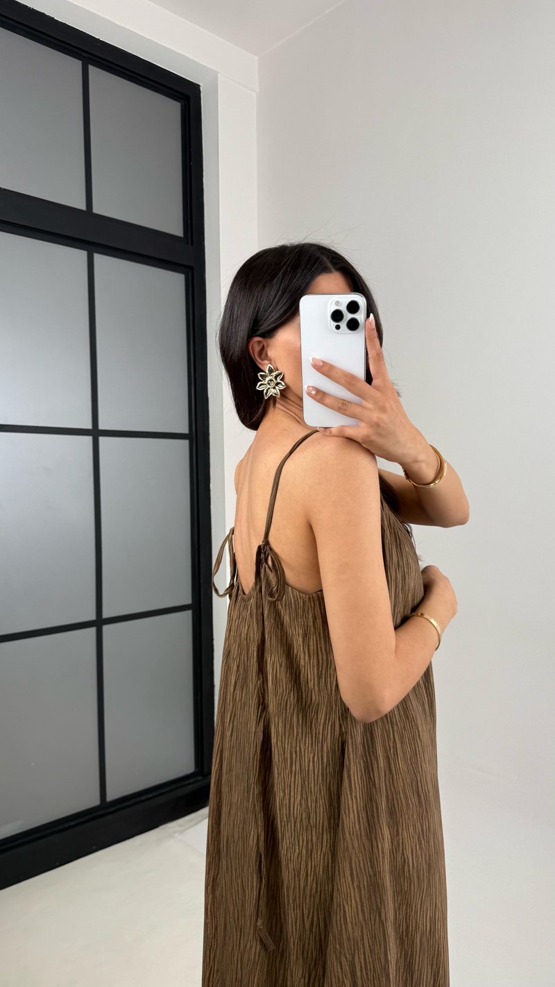 Kahve Boncuk Askılı Desenli Astarlı Premium Elbise Gaus00530