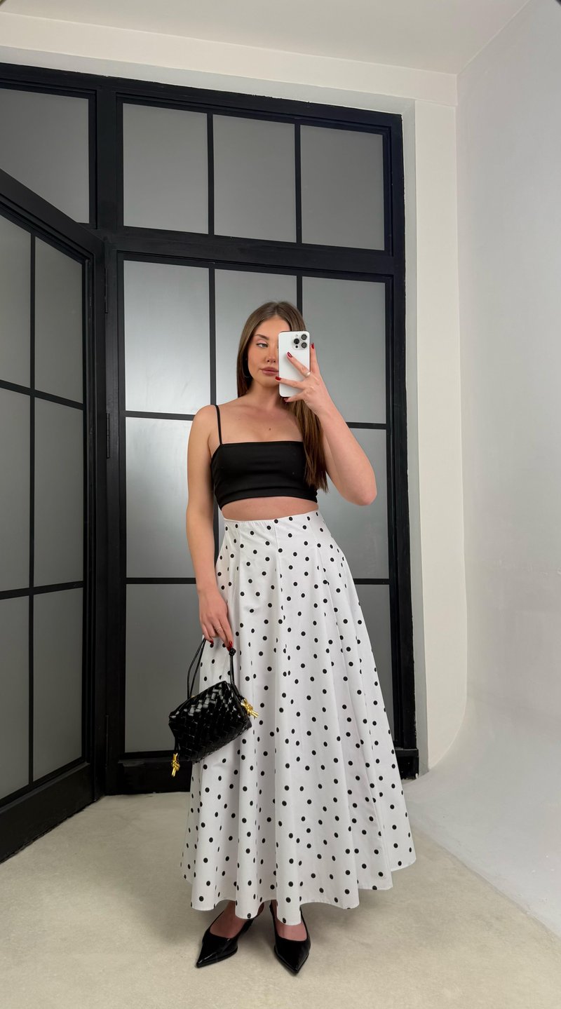 Beyaz Puantiye Desenli Premium Poplin Etek GAUS-01261