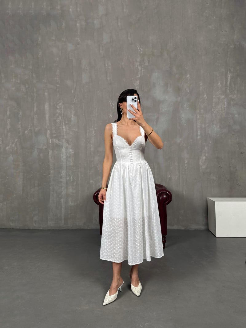 White Strappy Button Detailed Lined Scalloped Dress Gaus00057