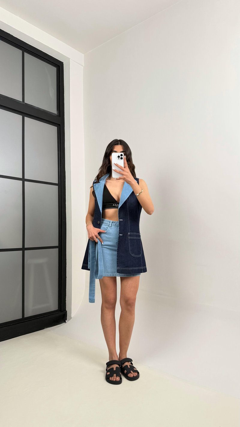 Lacivert Önü Düğmeli Kuşaklı Yelek Cepli Etek İkili Denim Takım Gaus00341