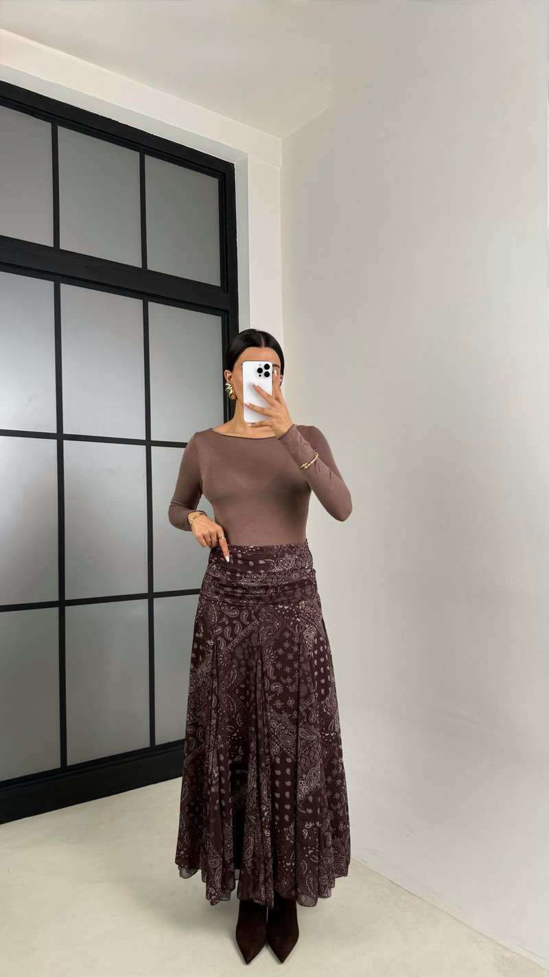 Kahve Etnik Desenli Astarlı Etek GAUS-00464