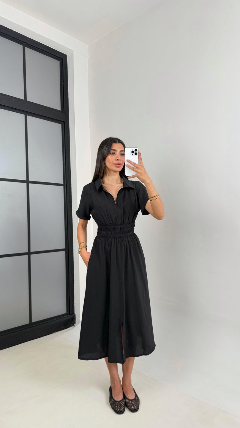 Siyah Beli Lastikli Önden Fermuarlı Yırtmaçlı Tencel Elbise Gaus00551