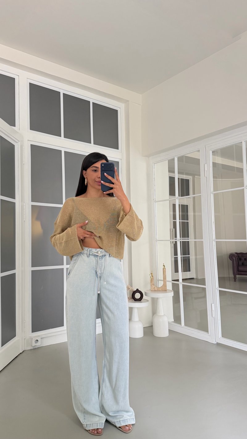 Buz Mavi Kuşaklı Tencel Denim Pantolon GAUS-01617