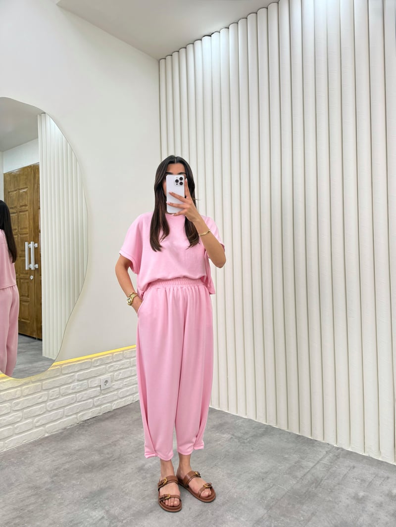 Pembe Balon Pantolon Modal Kumaş İkili Takım Gaus00320