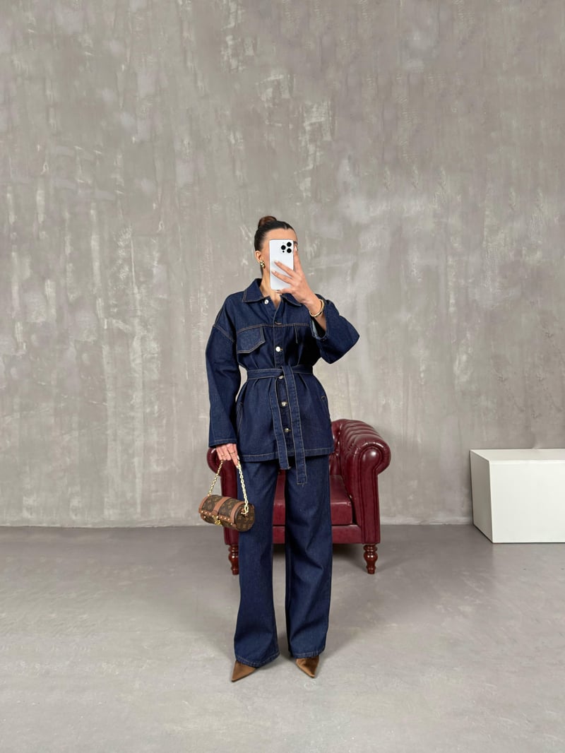 Mingo Navy Blue Belted Design Denim Set