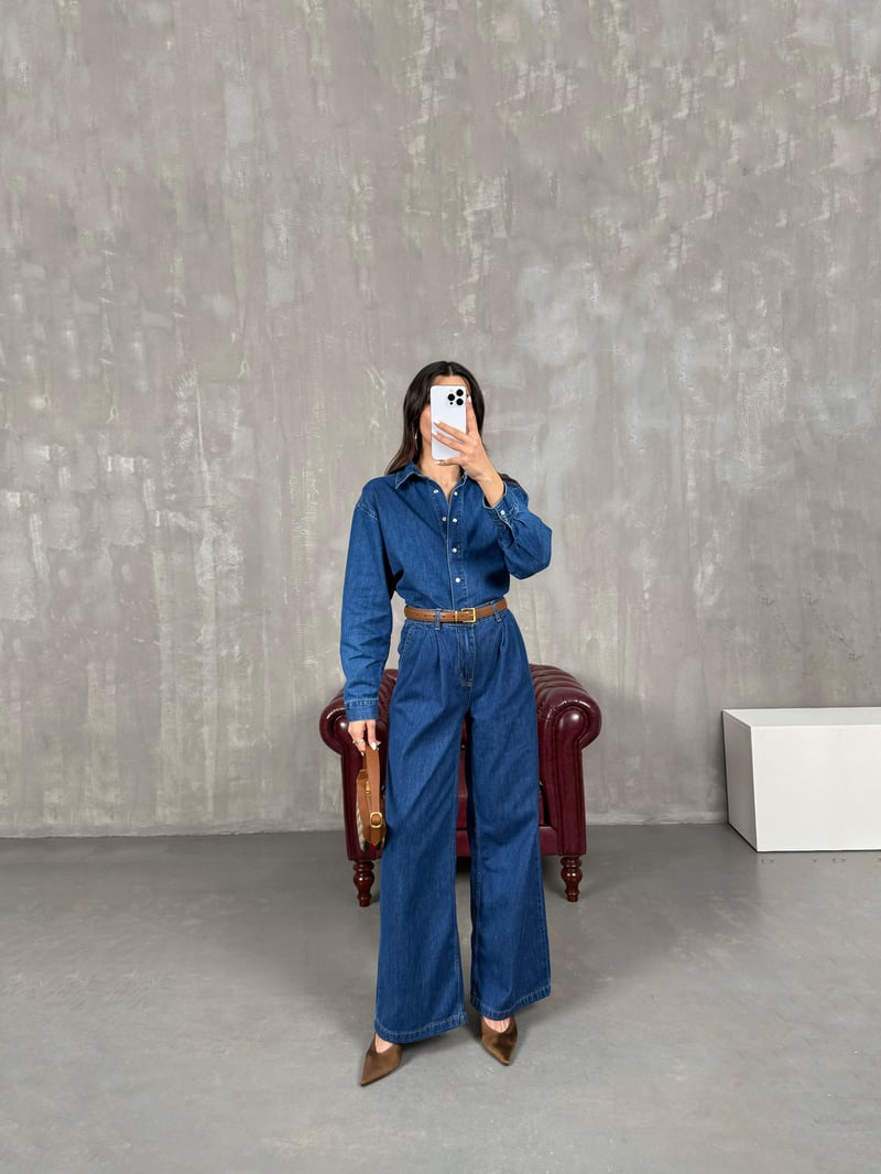 Orta Mavi Çıtçıt Düğmeli Gömlek Pantolon Denim Takım Gaus0002