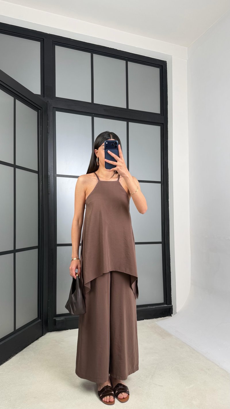 Kahve Örgü Askılı Tencel Tulum GAUS-01436