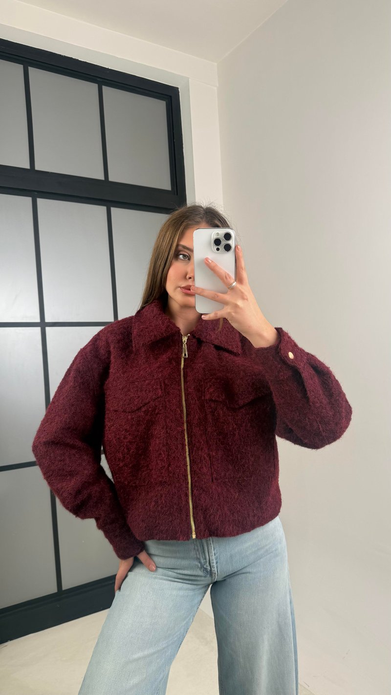 Bordo Astarlı Fermuarlı Muadil Keçe Kumaş Ceket GAUS-00603