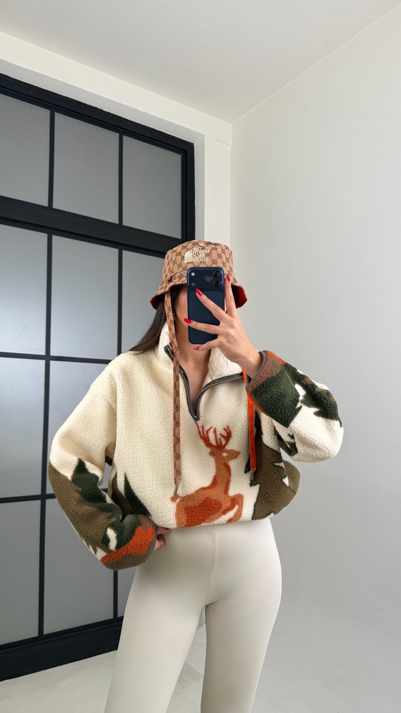 Ekru Fermuarlı Geyik Desenli Polar Sweatshirt GAUS-00723 GAUS-00944