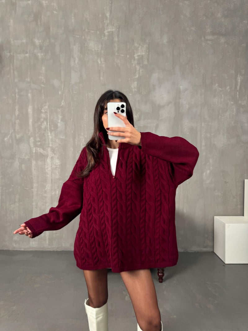 Lipsi Bordo Örgü Detaylı Fermuarlı Oversize Kazak