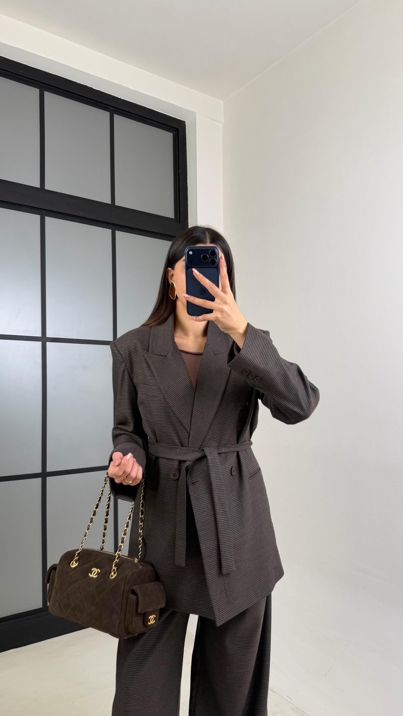 Kahve Vatkalı Astarlı Kuşaklı Premium Desenli Ceket GAUS-00910