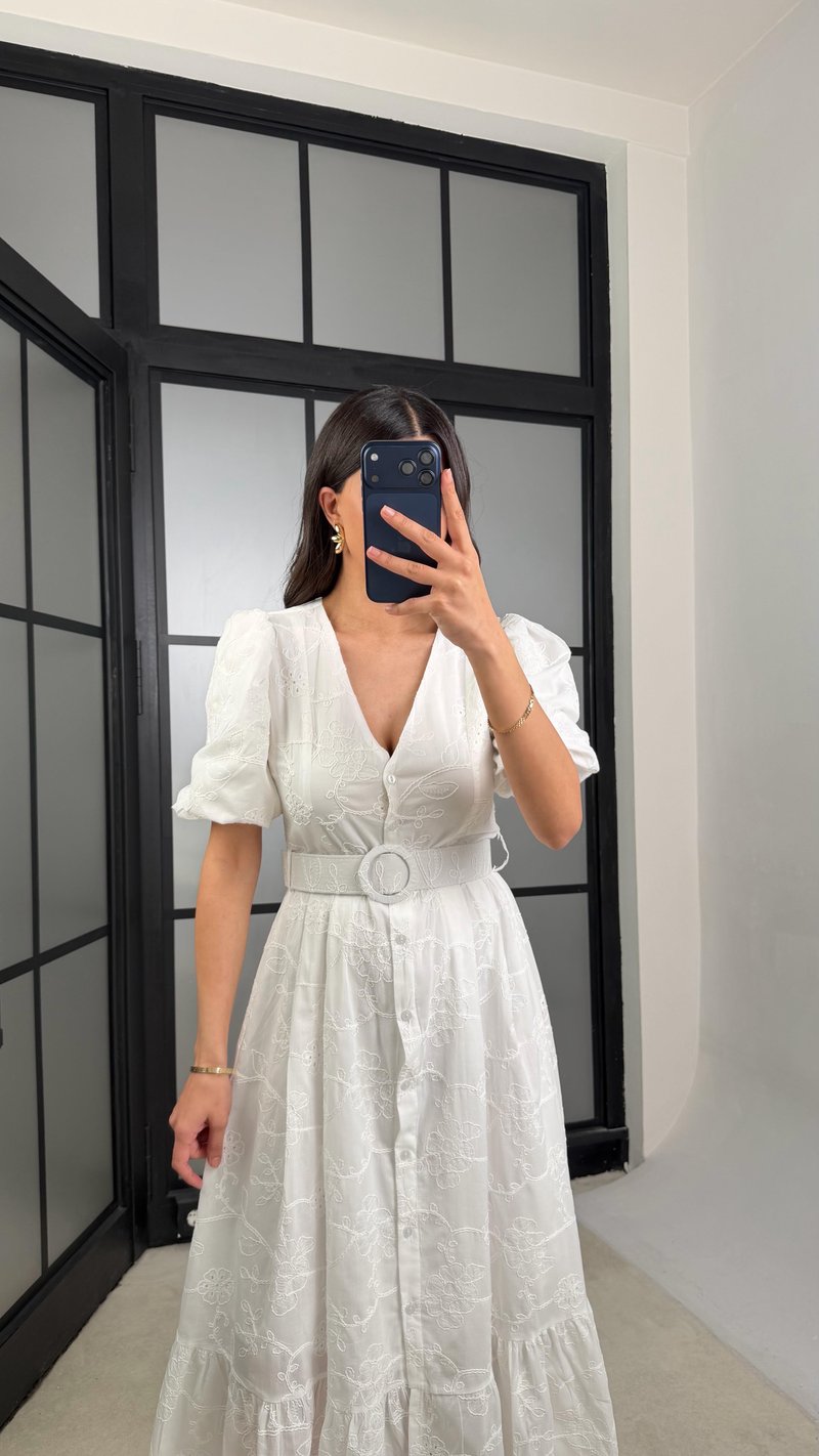 Ekru Çiçek Nakışlı Kemerli Pinterest Elbise GAUS-01342