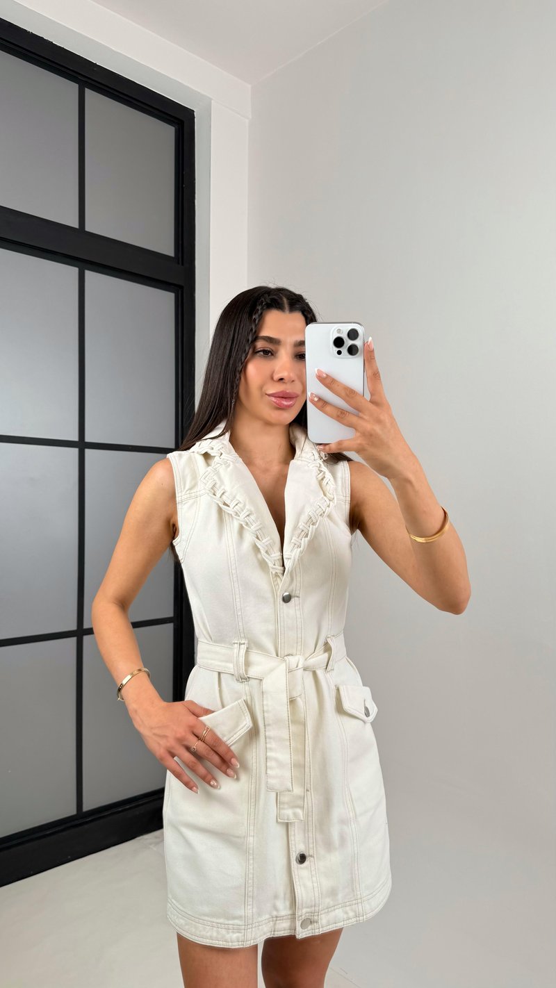Ekru Cep Detaylı Kemerli Yakası Örgülü Denim Elbise Gaus00554