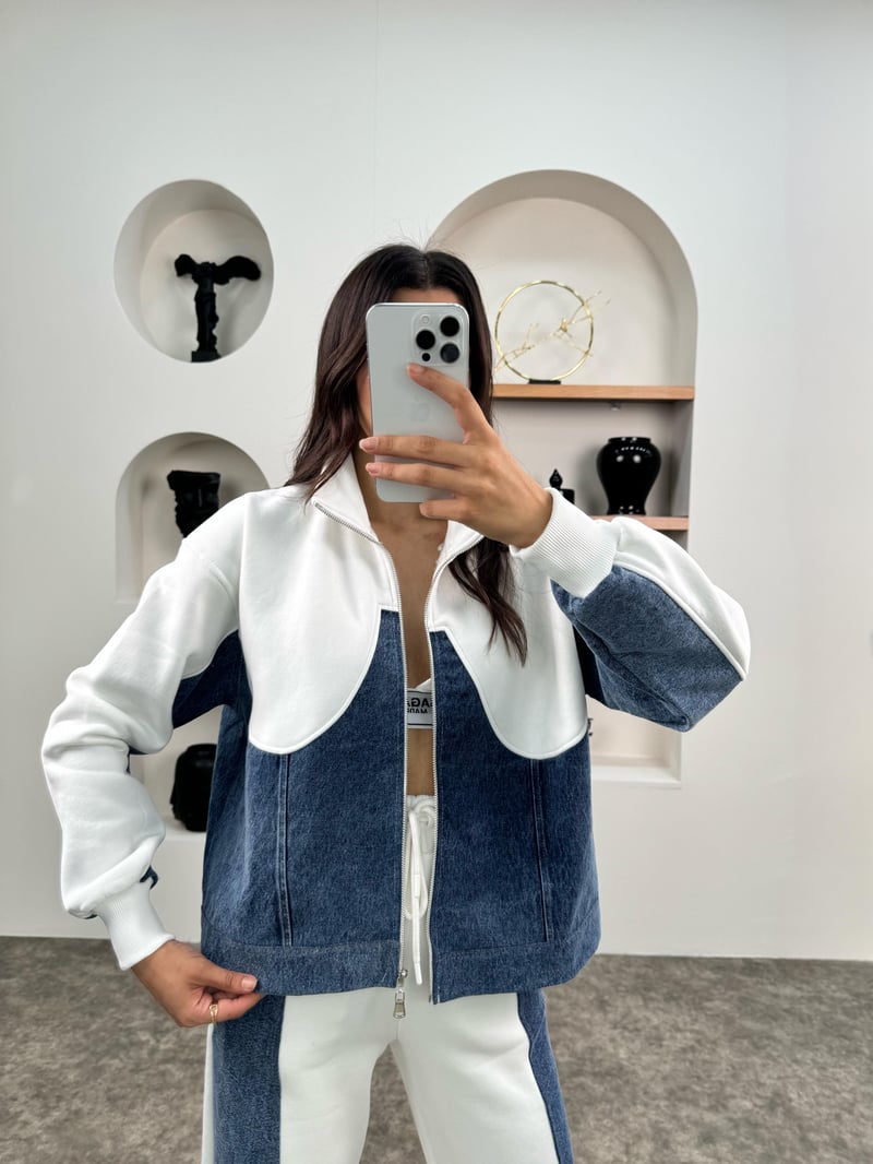 Jadon Beyaz Üç İplik Şardonlu Denim Karışımlı Takım