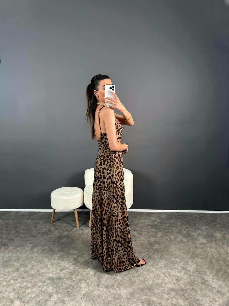 Pinterest Leoparlı Astarlı Askılı Uzun Elbise 