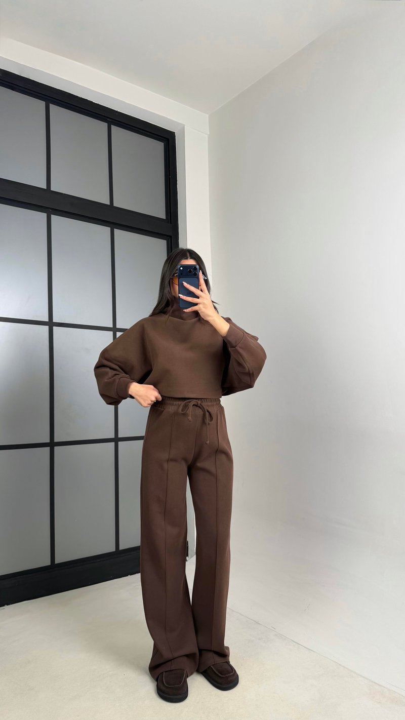 Kahve Balıkçı Yaka Kazak Beli Lastikli Pantolon Premium Takım GAUS-00898