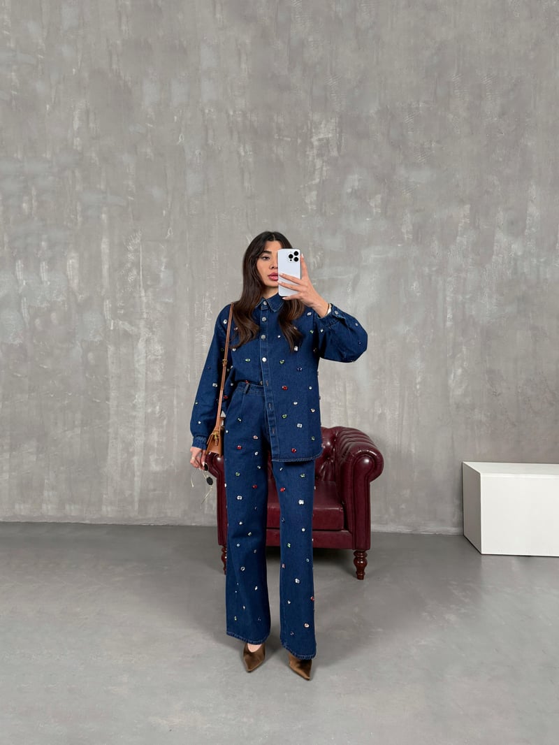 Pares Lacivert Taşlı Tasarım Denim Takım