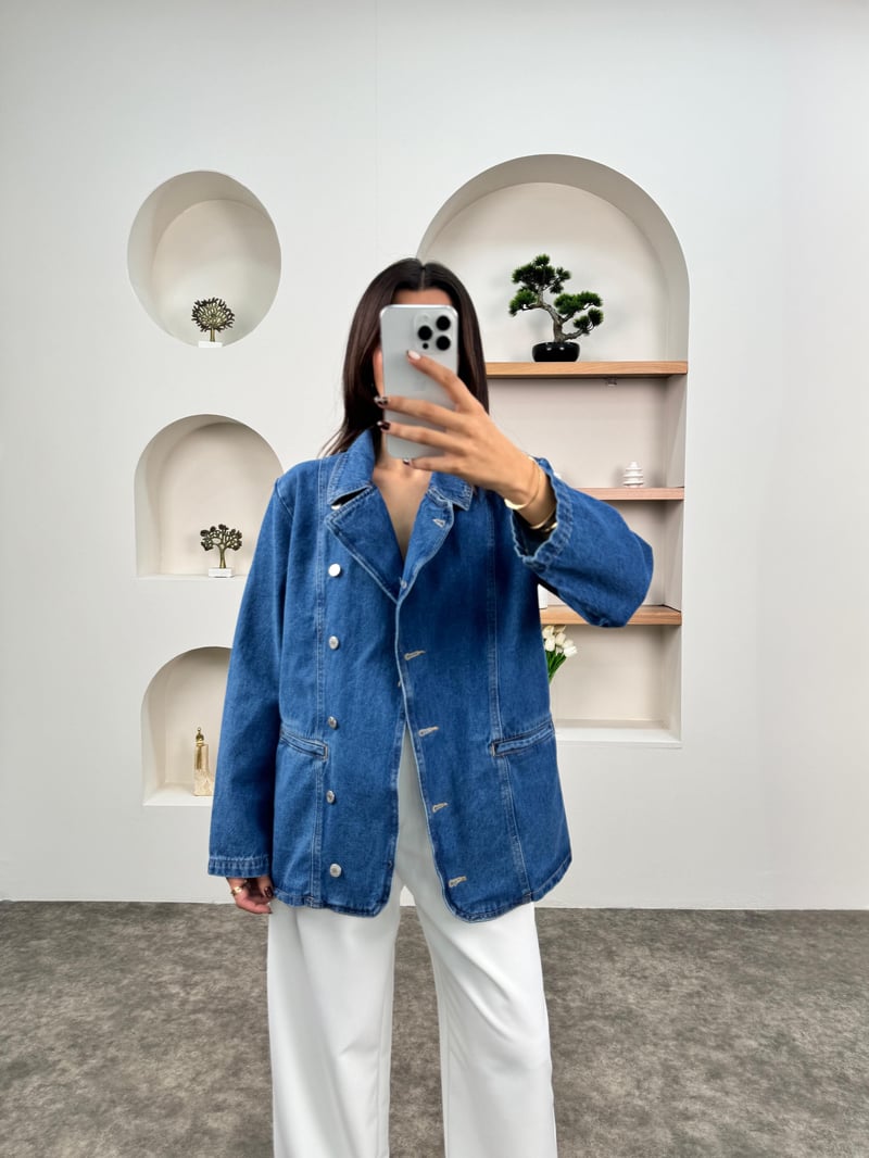 Tales Mavi Vatkalı Blazer Kot Ceket