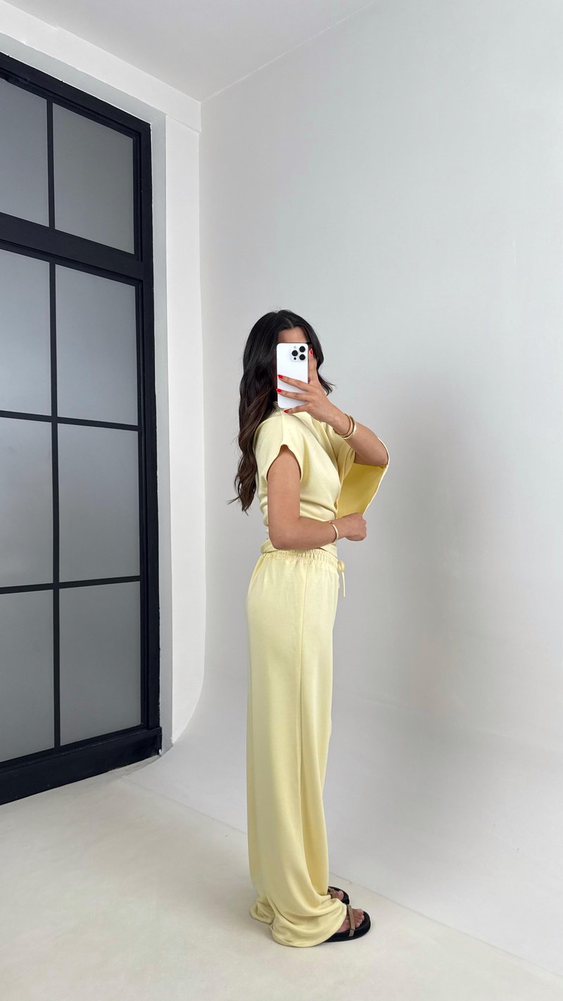 Sarı Yarasa Kol Bluz Beli Lastikli Pantolon Tasarım Modal Kumaş Takım Gaus00490
