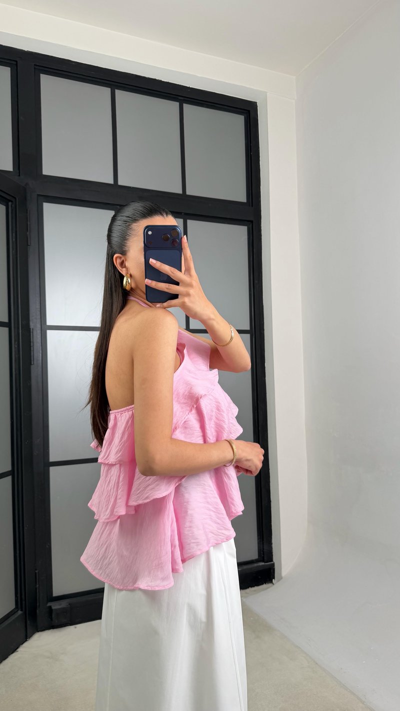 Pembe Boyundan Bağlamalı Fırfır Detaylı  Bluz GAUS-01465