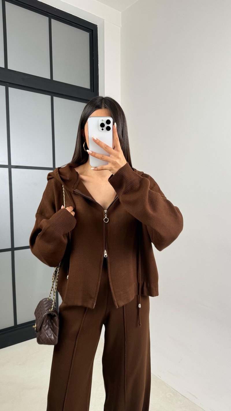 Kahve Kapüşonlu Hırka Beli Lastikli Pantolon İkili Triko Takım GAUS-00564