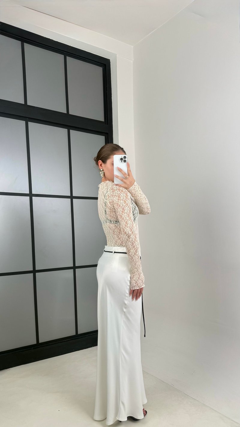 Ekru Kuşaklı Saten Etek GAUS-00167