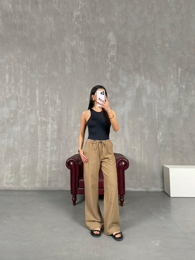 Kahve Beli Lastikli Keten Pantolon Gaus00156