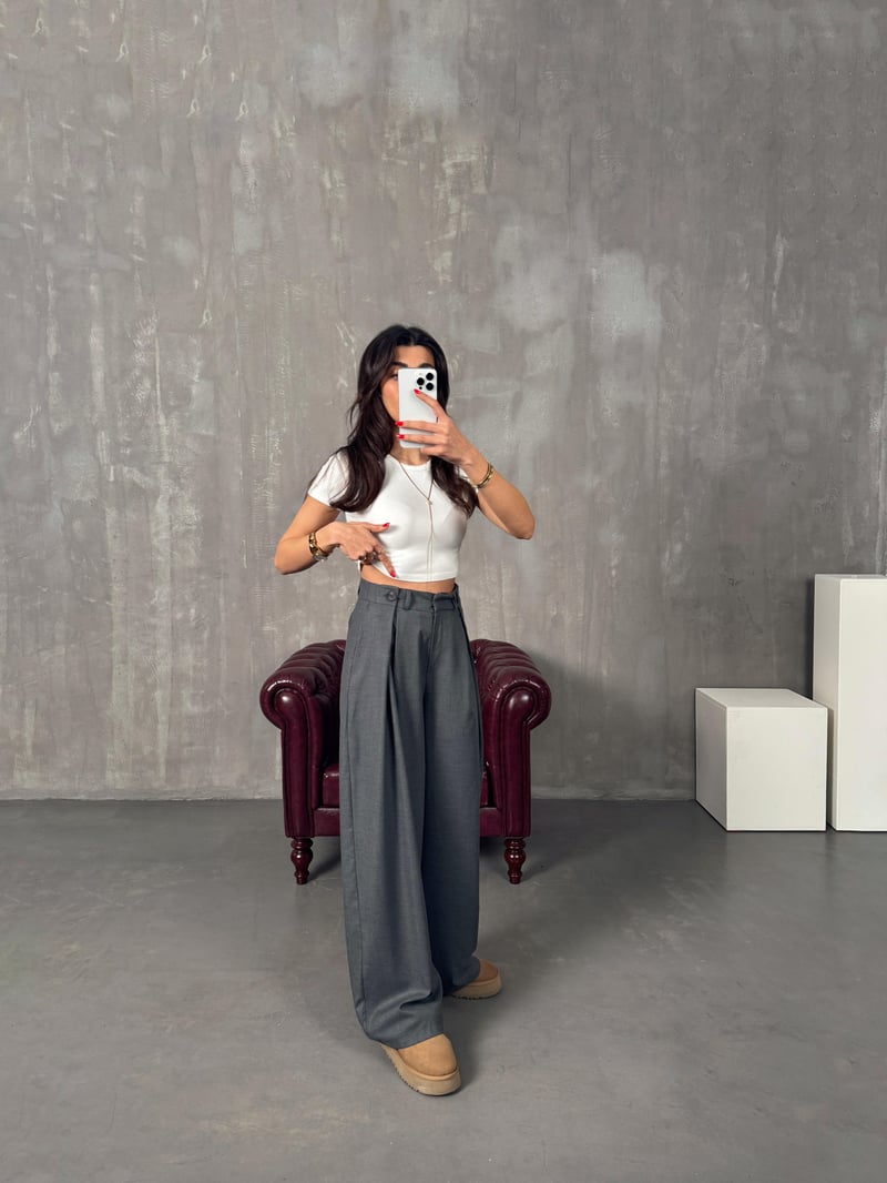 Frank Gri Önden Düğmeli Pileli Bol Poliviskon Pantolon