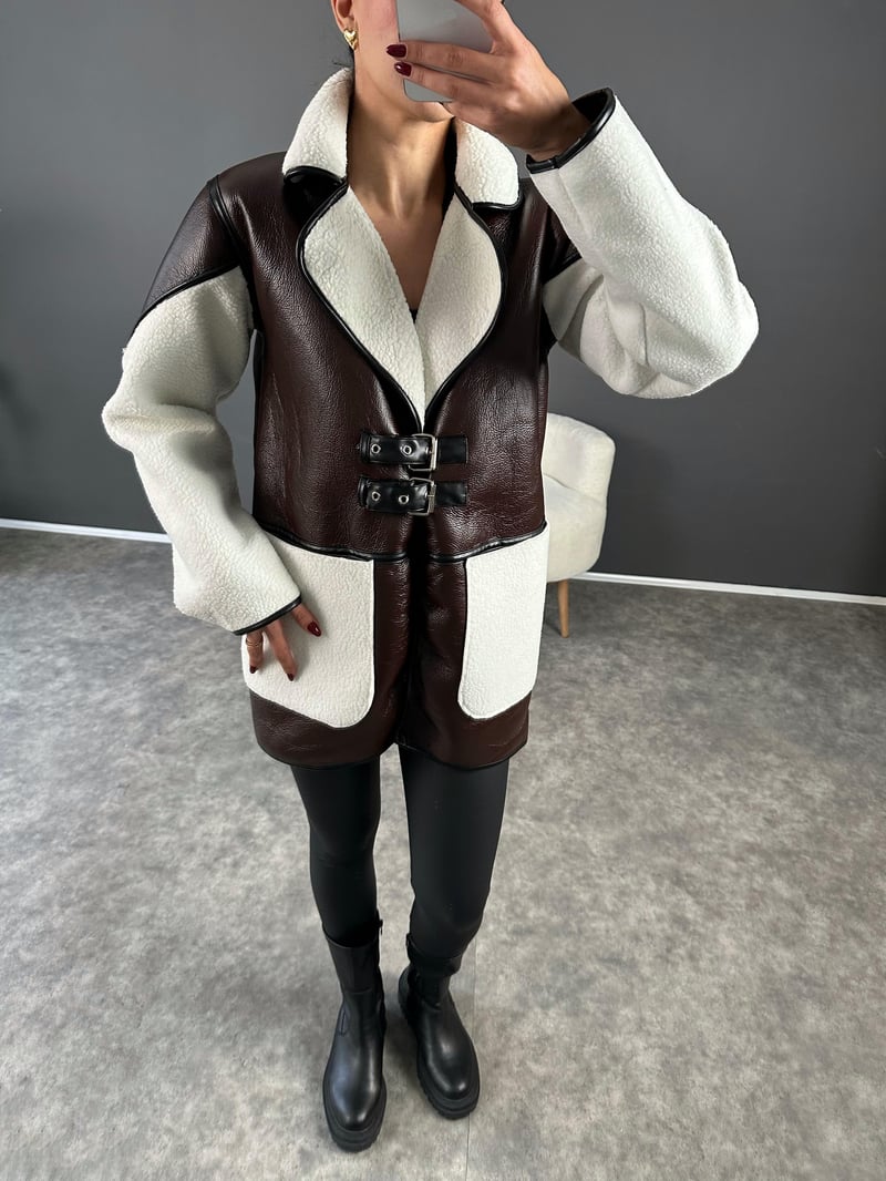 Rimi Kahverengi İçi Peluş Tasarım Kemer Detaylı Mont 