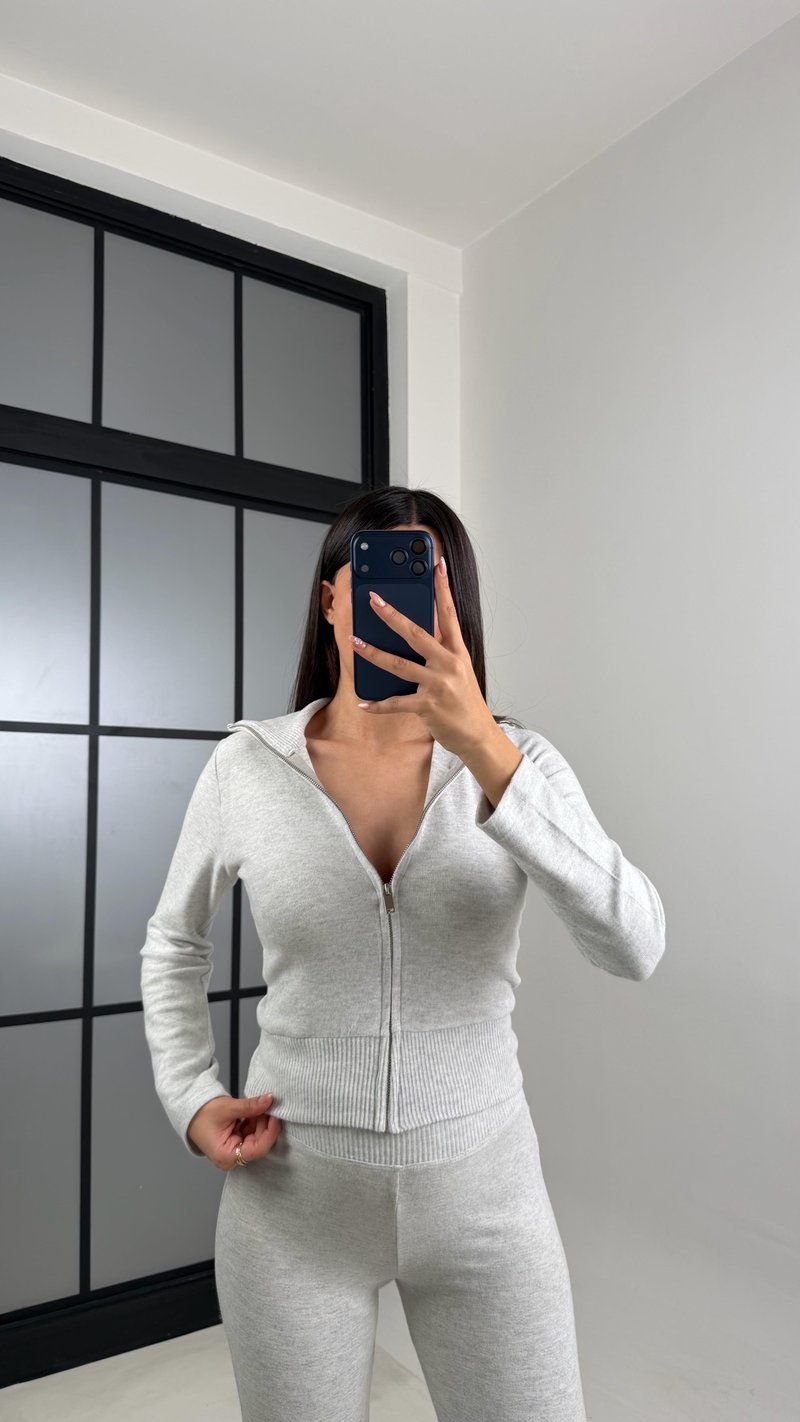 Gri Ribanalı Hırka Beli Lastikli Eşofman Yumuşak Dokulu İkili Takım GAUS-00838