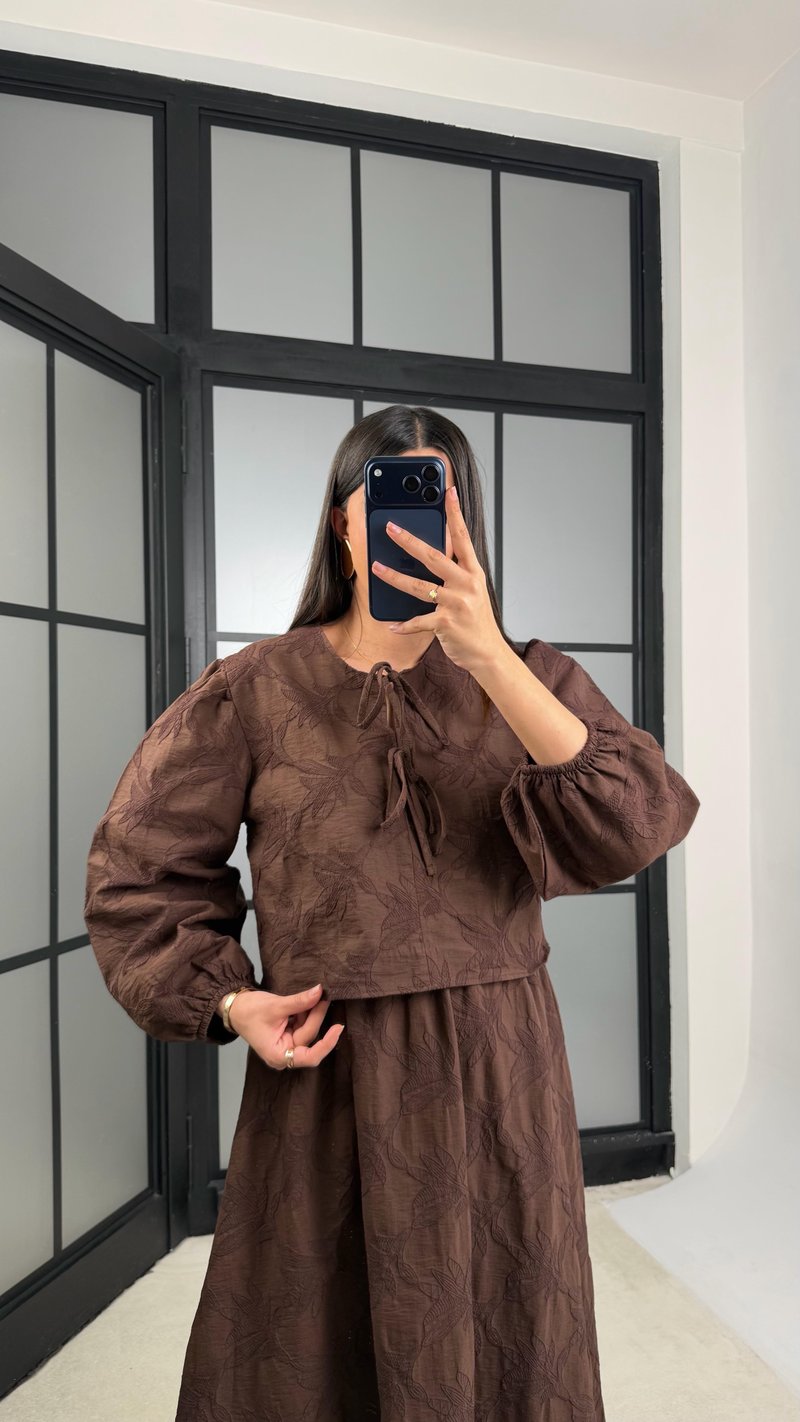 Kahve Çiçek Nakışlı Gömlek Beli Lastikli Etek Takım GAUS-01182