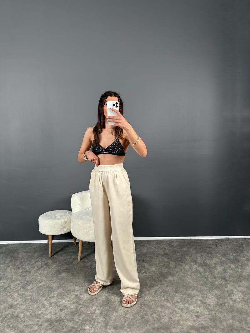 Gabardin Beli Lastikli Palazzo Pantolon 