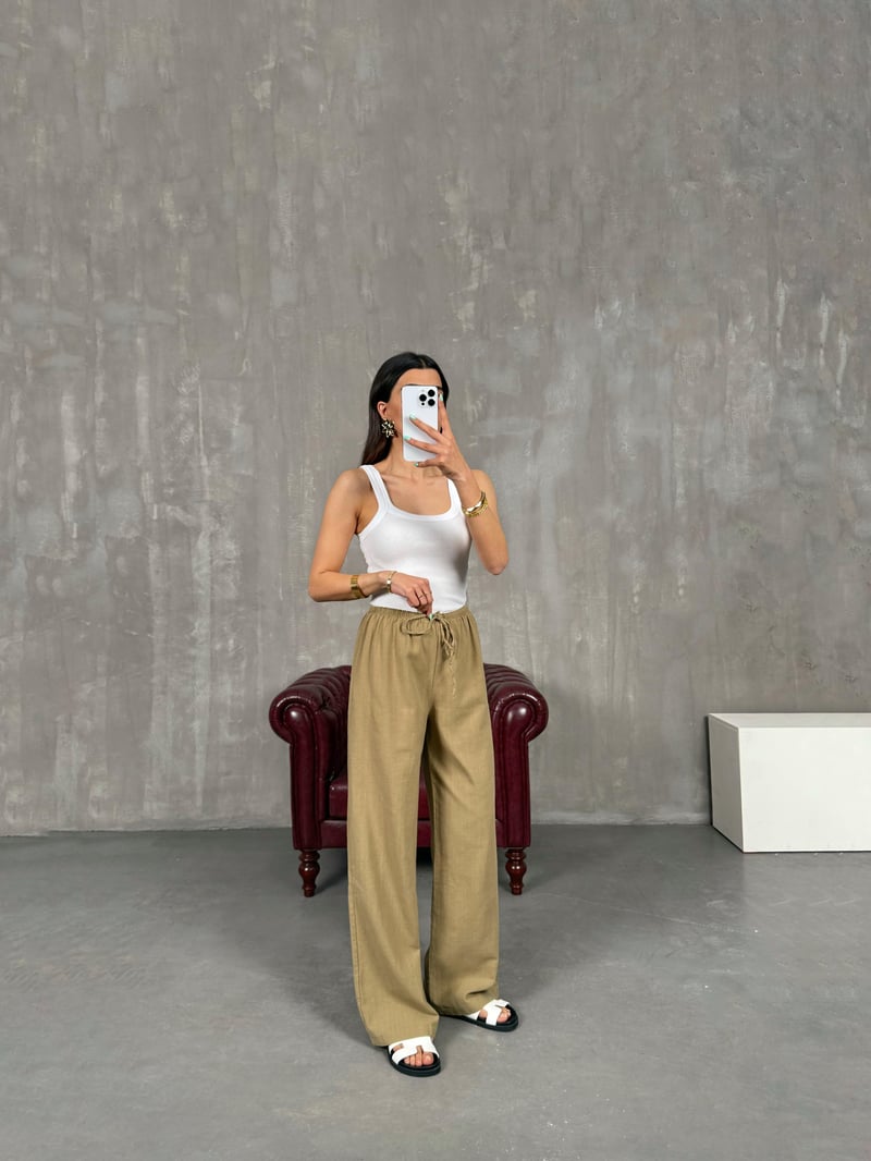 Haki Beli Lastikli Keten Pantolon Gaus00237