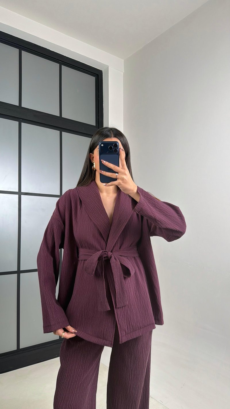 Mürdüm Kimono Beli Lastikli Pantolon İkili Muadil Takım GAUS-01113