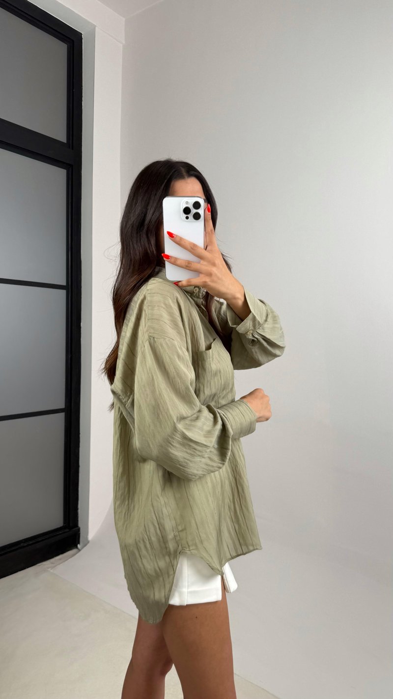 Haki Şerit Desenli Kırışık Tencel Gömlek GAUS-0032