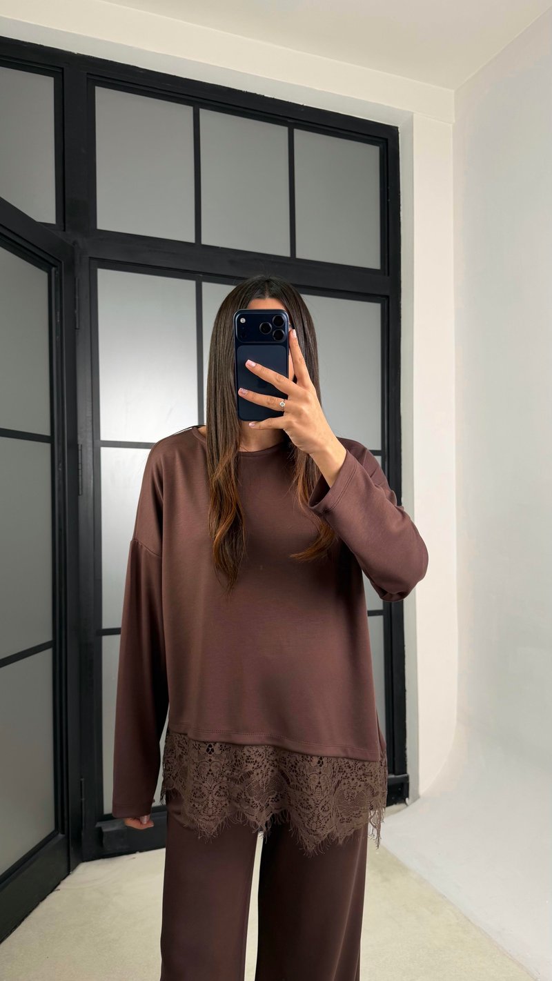 Kahve Dantel Detaylı Beli Lastikli Modal İkili Takım GAUS-01207