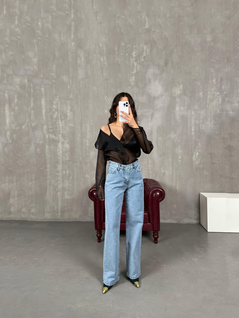 Elara Mavi Kalpli Taşlı Tasarım Jean