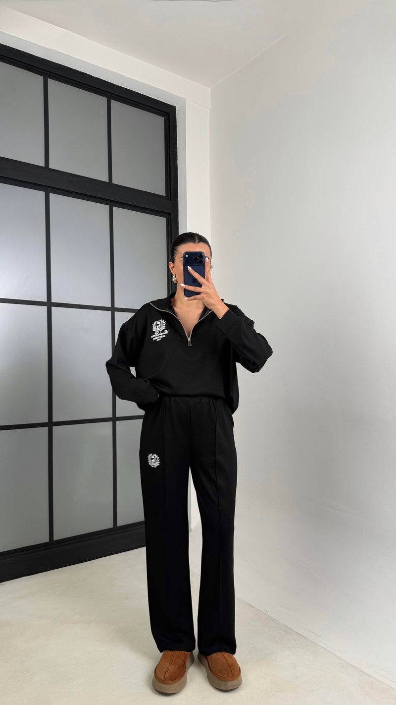 Siyah Fermuarlı Baskılı Sweatshirt Beli Lastikli Eşofman İkili Takım GAUS-00597
